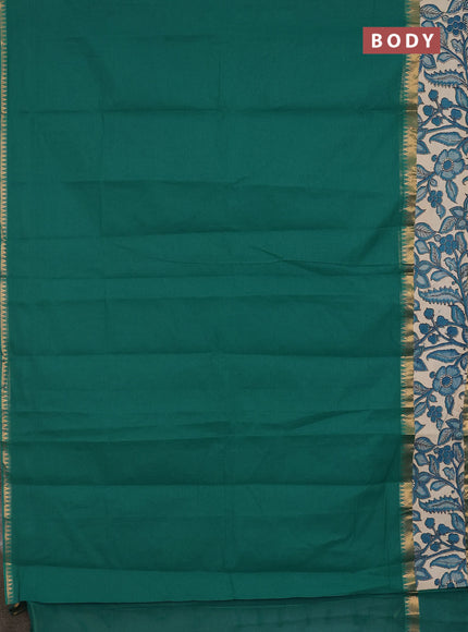 Mangalagiri cotton saree teal green and beige with plain body and rettapet zari woven kalamkari border