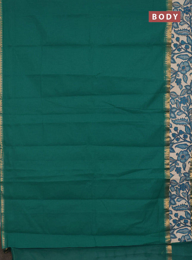 Mangalagiri cotton saree teal green and beige with plain body and rettapet zari woven kalamkari border