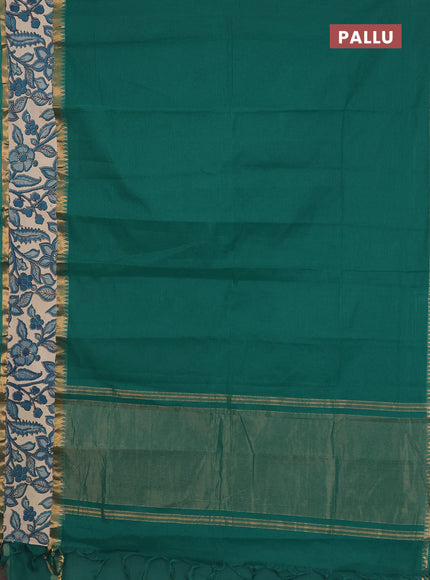 Mangalagiri cotton saree teal green and beige with plain body and rettapet zari woven kalamkari border