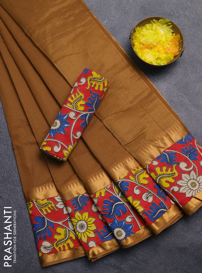 Mangalagiri cotton saree sandal and red with plain body and rettapet zari woven kalamkari border