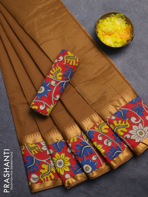 Mangalagiri cotton saree sandal and red with plain body and rettapet zari woven kalamkari border