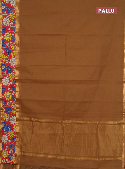 Mangalagiri cotton saree sandal and red with plain body and rettapet zari woven kalamkari border