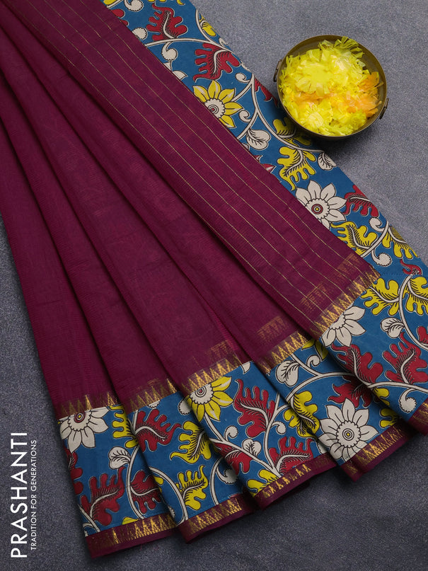 Mangalagiri cotton saree wine shade and teal green with plain body and rettapet zari woven kalamkari border