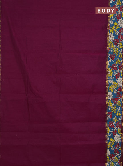 Mangalagiri cotton saree wine shade and teal green with plain body and rettapet zari woven kalamkari border