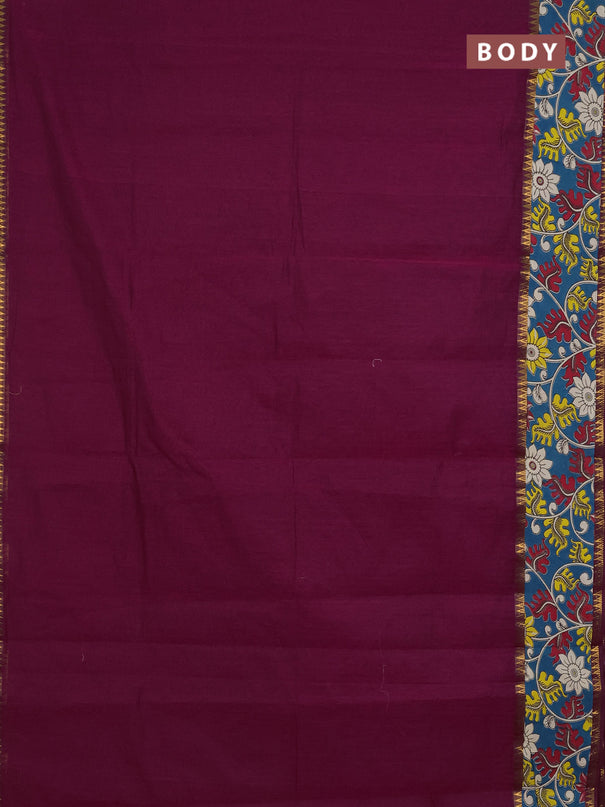 Mangalagiri cotton saree wine shade and teal green with plain body and rettapet zari woven kalamkari border