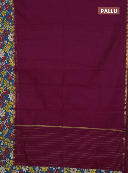 Mangalagiri cotton saree wine shade and teal green with plain body and rettapet zari woven kalamkari border