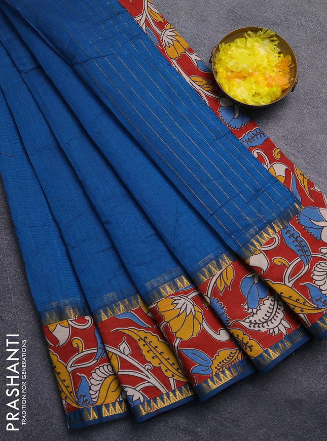 Mangalagiri cotton saree teal blue and maroon with plain body and rettapet zari woven kalamkari border