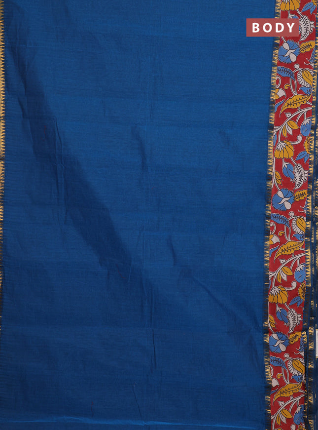 Mangalagiri cotton saree teal blue and maroon with plain body and rettapet zari woven kalamkari border