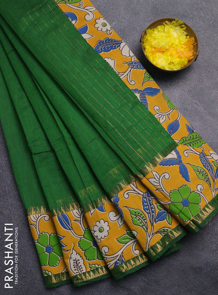 Mangalagiri cotton saree sap green and mustard yellow with plain body and rettapet zari woven kalamkari border