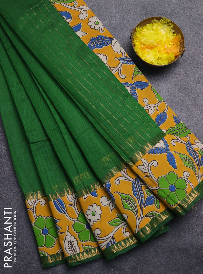 Mangalagiri cotton saree sap green and mustard yellow with plain body and rettapet zari woven kalamkari border