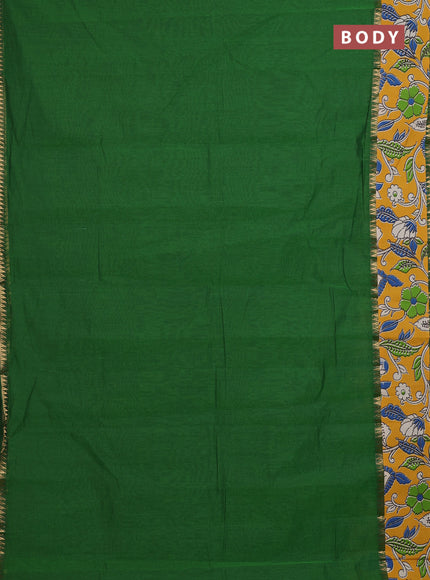 Mangalagiri cotton saree sap green and mustard yellow with plain body and rettapet zari woven kalamkari border