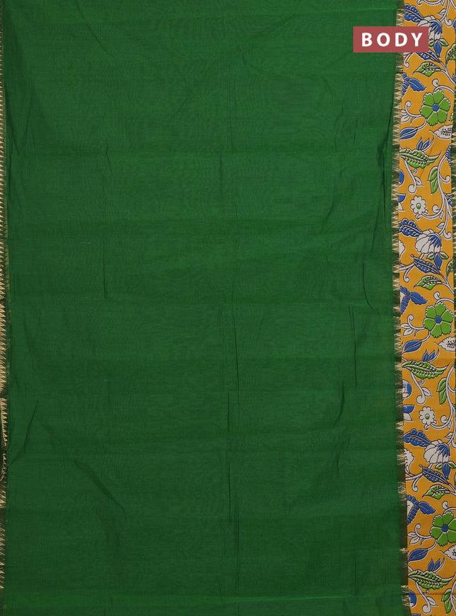Mangalagiri cotton saree sap green and mustard yellow with plain body and rettapet zari woven kalamkari border
