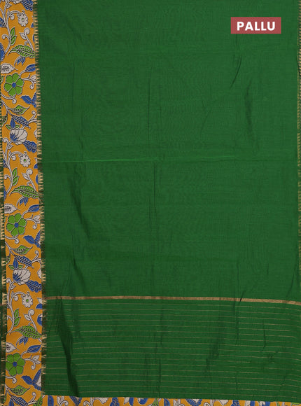 Mangalagiri cotton saree sap green and mustard yellow with plain body and rettapet zari woven kalamkari border