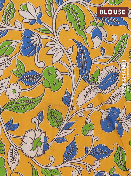 Mangalagiri cotton saree sap green and mustard yellow with plain body and rettapet zari woven kalamkari border