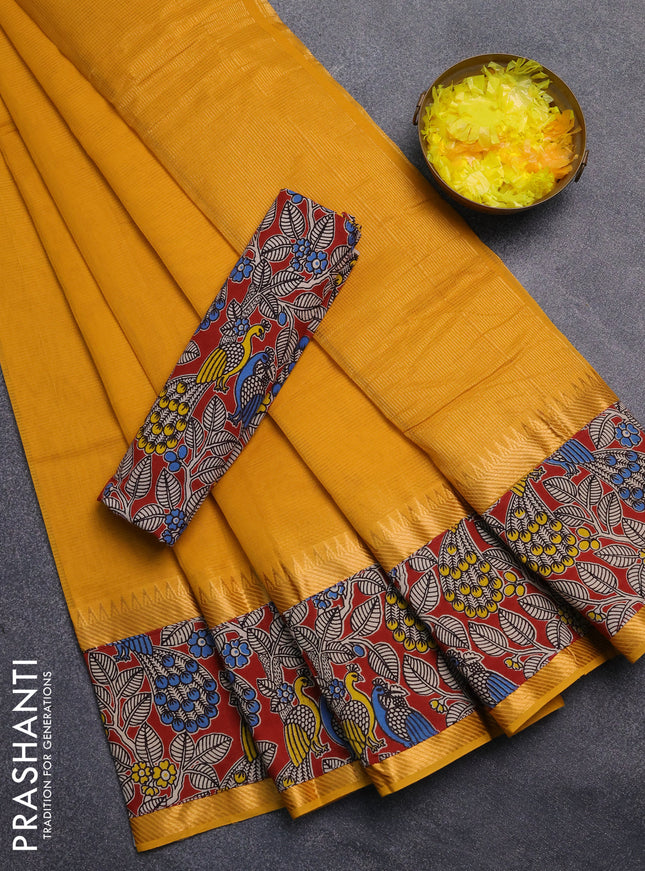 Mangalagiri cotton saree mustard yellow and maroon with plain body and rettapet zari woven kalamkari border