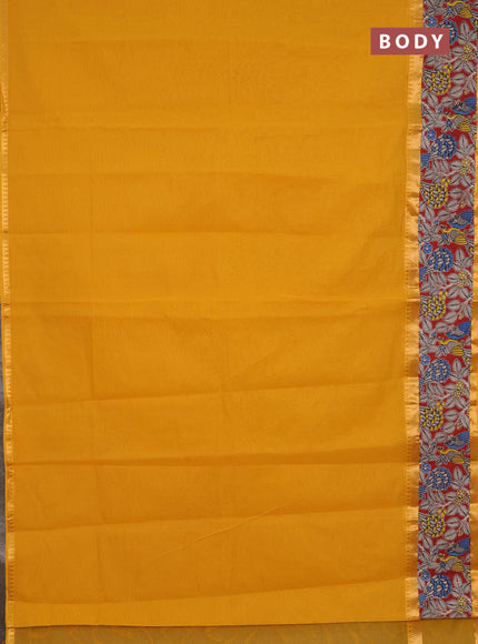 Mangalagiri cotton saree mustard yellow and maroon with plain body and rettapet zari woven kalamkari border