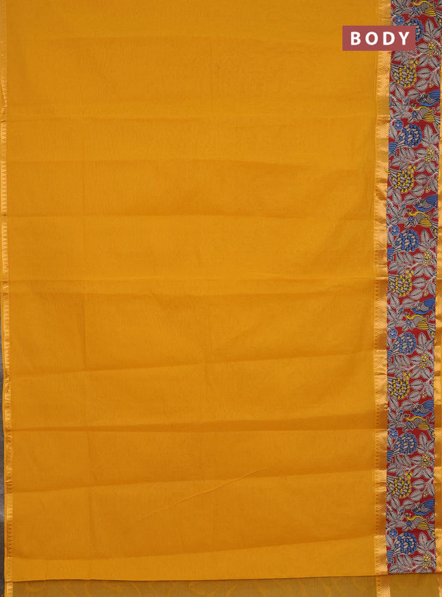 Mangalagiri cotton saree mustard yellow and maroon with plain body and rettapet zari woven kalamkari border