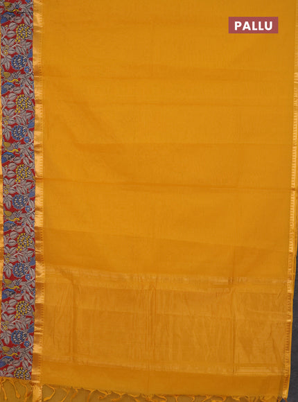 Mangalagiri cotton saree mustard yellow and maroon with plain body and rettapet zari woven kalamkari border