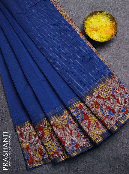 Mangalagiri cotton saree peacock blue and maroon with plain body and rettapet zari woven kalamkari border