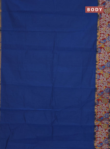 Mangalagiri cotton saree peacock blue and maroon with plain body and rettapet zari woven kalamkari border