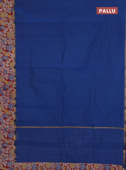 Mangalagiri cotton saree peacock blue and maroon with plain body and rettapet zari woven kalamkari border