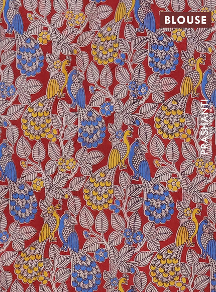 Mangalagiri cotton saree peacock blue and maroon with plain body and rettapet zari woven kalamkari border