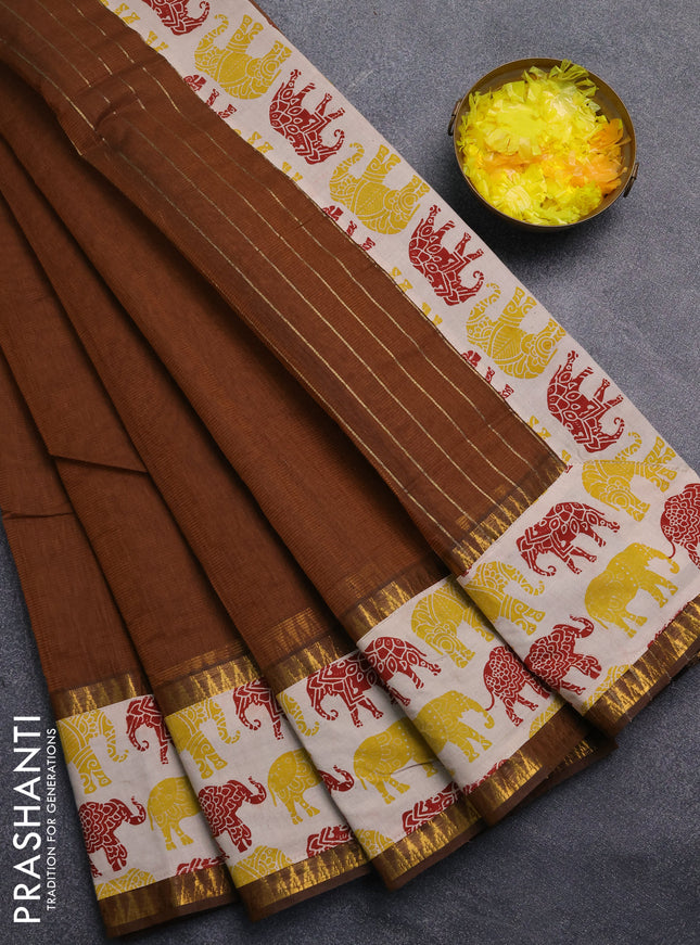 Mangalagiri cotton saree dark mustard and beige with plain body and rettapet zari woven kalamkari border