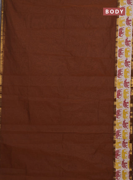 Mangalagiri cotton saree dark mustard and beige with plain body and rettapet zari woven kalamkari border
