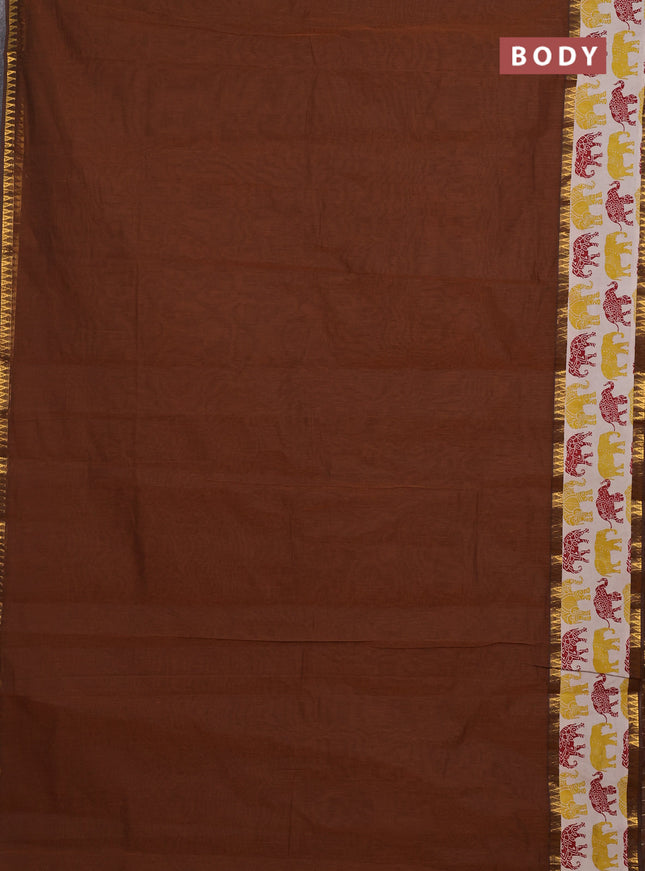 Mangalagiri cotton saree dark mustard and beige with plain body and rettapet zari woven kalamkari border