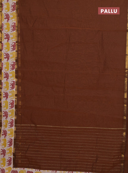 Mangalagiri cotton saree dark mustard and beige with plain body and rettapet zari woven kalamkari border