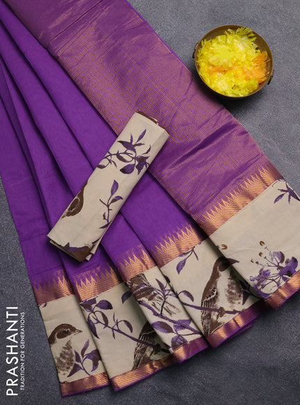 Mangalagiri cotton saree lavender and beige with plain body and rettapet zari woven kalamkari border