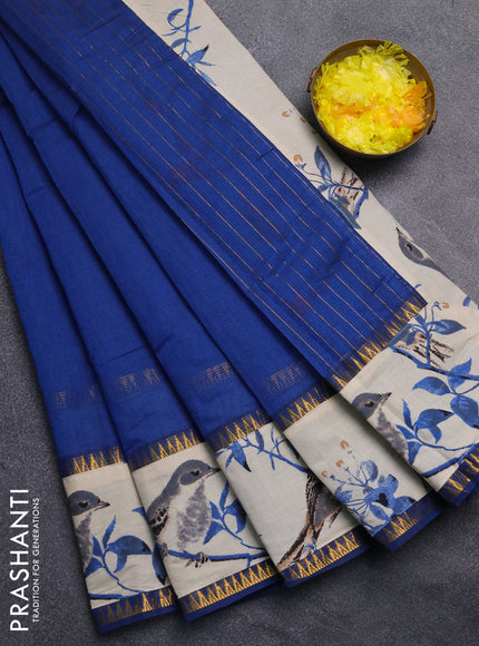 Mangalagiri cotton saree cs blue and beige with plain body and rettapet zari woven kalamkari border