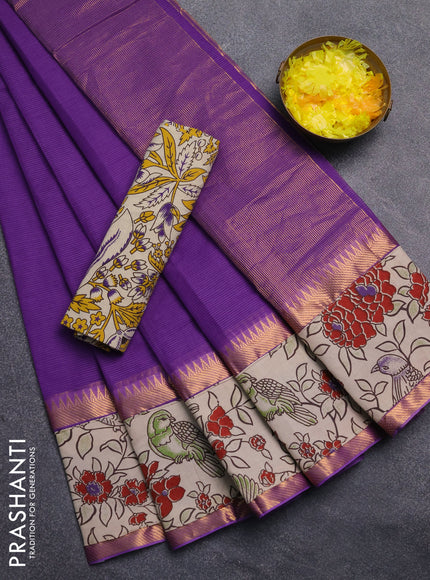 Mangalagiri cotton saree violet and beige with plain body and rettapet zari woven kalamkari border