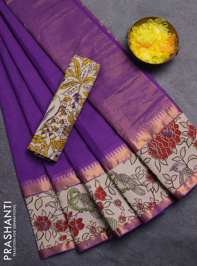Mangalagiri cotton saree violet and beige with plain body and rettapet zari woven kalamkari border