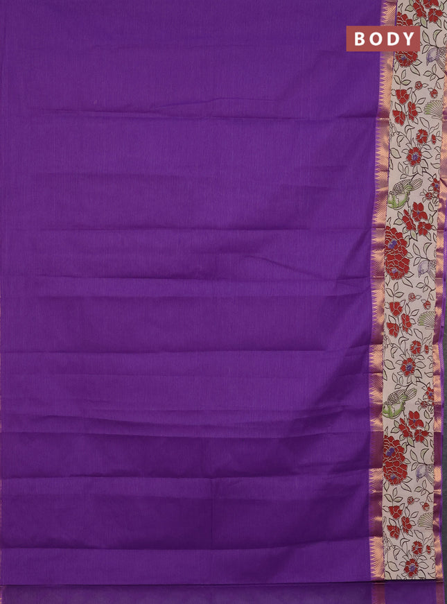 Mangalagiri cotton saree violet and beige with plain body and rettapet zari woven kalamkari border
