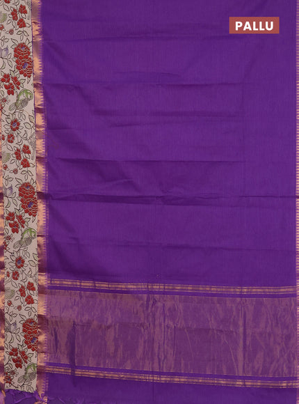 Mangalagiri cotton saree violet and beige with plain body and rettapet zari woven kalamkari border
