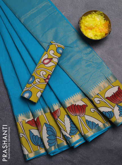 Mangalagiri cotton saree teal blue and lime green with plain body and rettapet zari woven kalamkari border