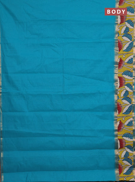 Mangalagiri cotton saree teal blue and lime green with plain body and rettapet zari woven kalamkari border
