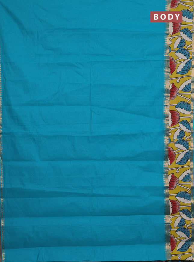 Mangalagiri cotton saree teal blue and lime green with plain body and rettapet zari woven kalamkari border