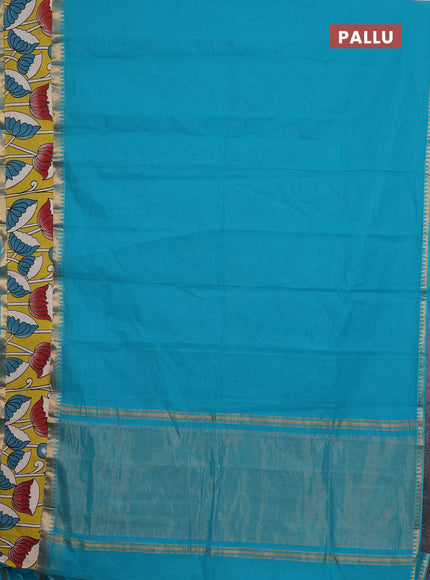 Mangalagiri cotton saree teal blue and lime green with plain body and rettapet zari woven kalamkari border