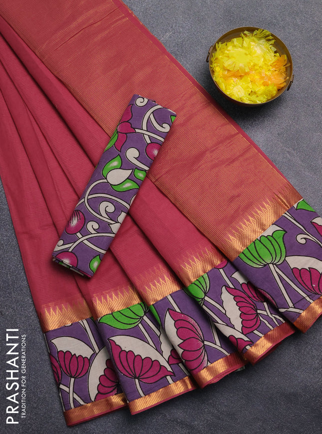 Mangalagiri cotton saree dark peach and purple with plain body and rettapet zari woven kalamkari border