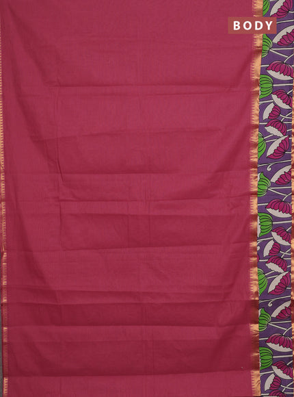Mangalagiri cotton saree dark peach and purple with plain body and rettapet zari woven kalamkari border