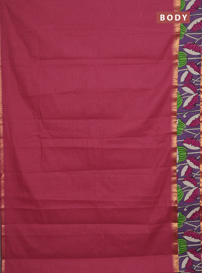Mangalagiri cotton saree dark peach and purple with plain body and rettapet zari woven kalamkari border