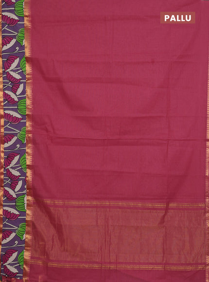 Mangalagiri cotton saree dark peach and purple with plain body and rettapet zari woven kalamkari border