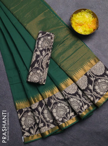 Mangalagiri cotton saree green and black with plain body and rettapet zari woven kalamkari border