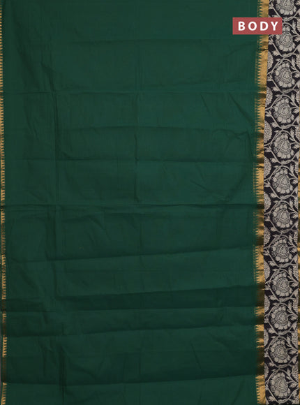 Mangalagiri cotton saree green and black with plain body and rettapet zari woven kalamkari border