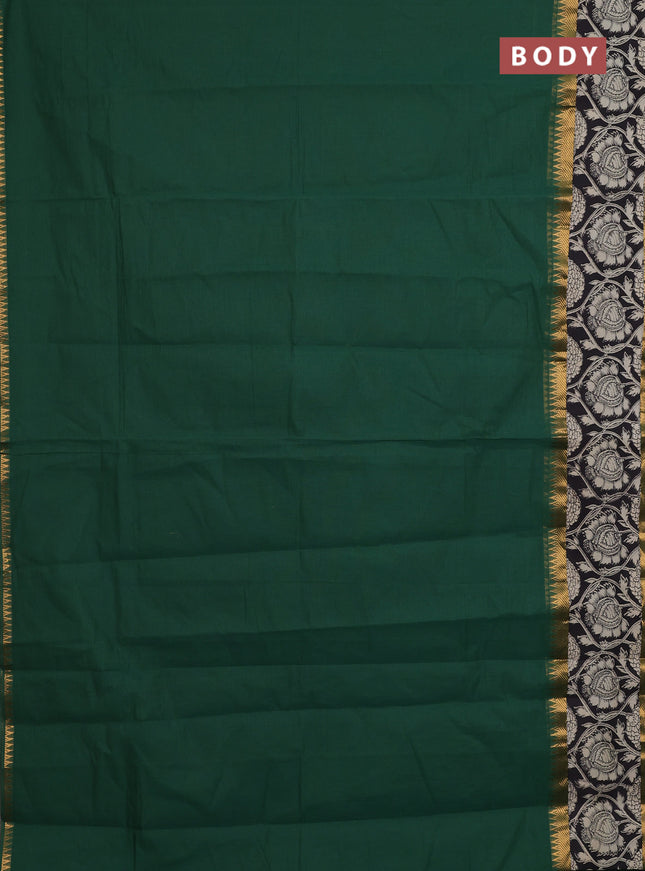 Mangalagiri cotton saree green and black with plain body and rettapet zari woven kalamkari border
