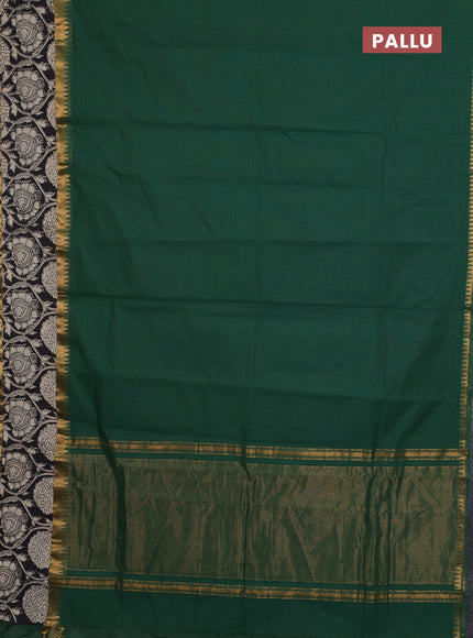 Mangalagiri cotton saree green and black with plain body and rettapet zari woven kalamkari border