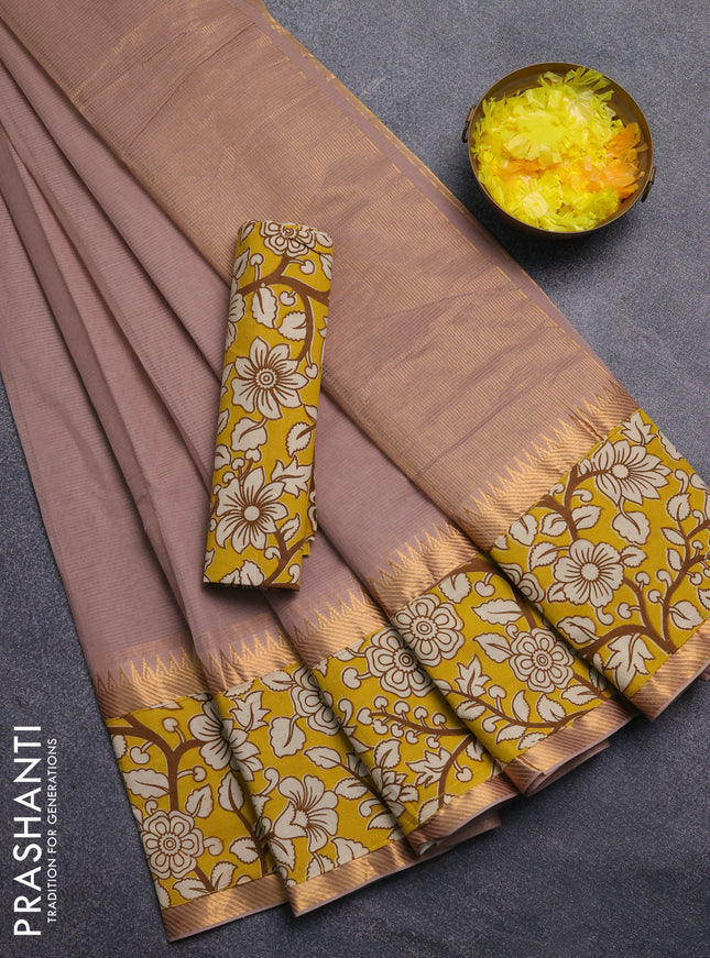 Mangalagiri cotton saree dark beige and yellow with plain body and rettapet zari woven kalamkari border