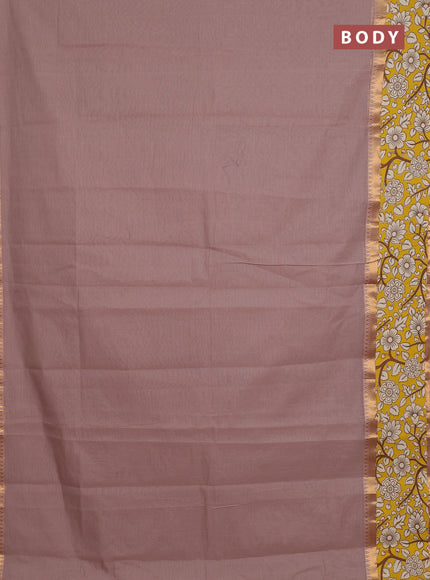 Mangalagiri cotton saree dark beige and yellow with plain body and rettapet zari woven kalamkari border